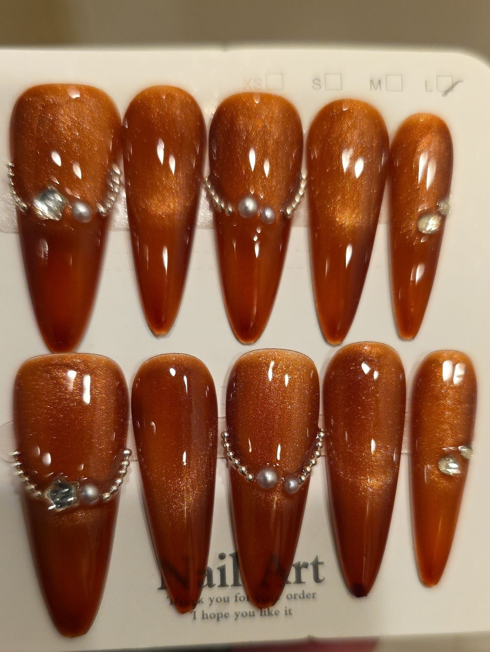 Shimmery Amber Brown Press-On Nails with Pearls Size Large